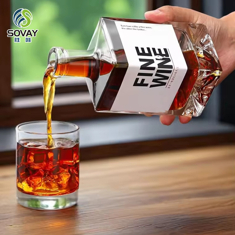 SW05 Custom 375ml 500ml 750ml Square Shaped Clear Glass Liquor Bottle Tequila Vodka Spirit Glass Wine Bottle with Cork