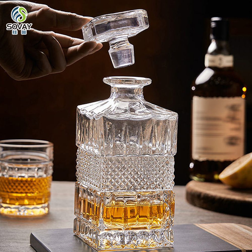 SW144N Lead-Free Classic Custom Textured 700ml Engrave Square Glass Liquor Whiskey Decanter for Gin Wine Alcohol