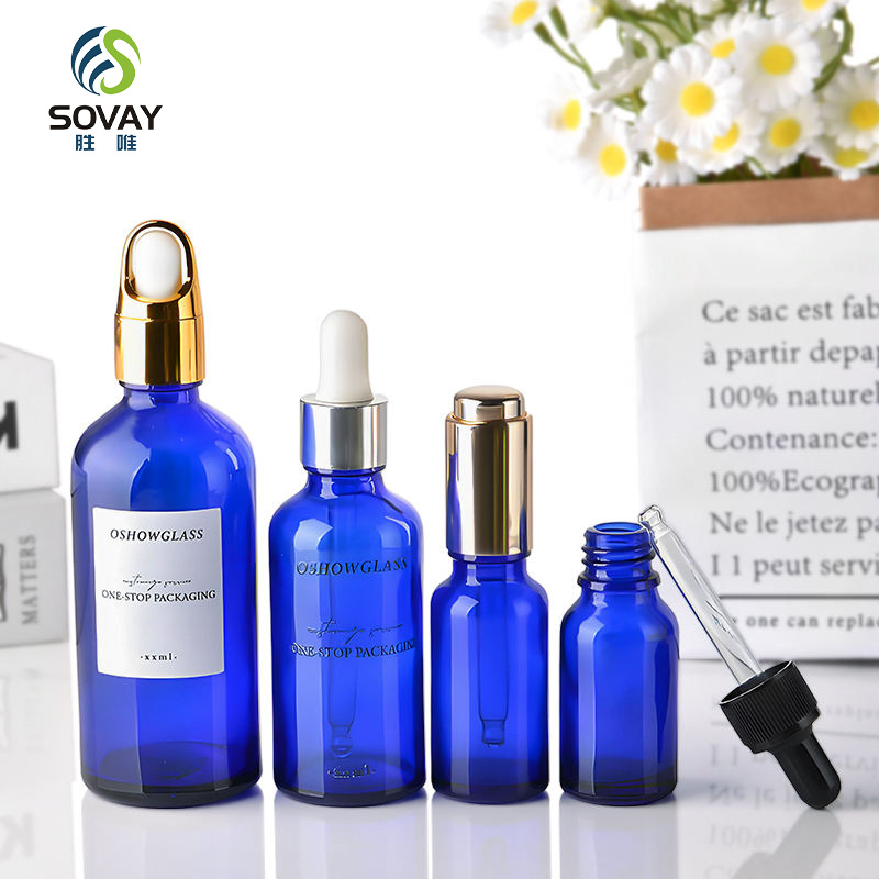 SE37 5ml 10ml 15ml 20ml 30ml 50ml 100ml Blue Glass Essential Oil Aluminum Dropper Bottles