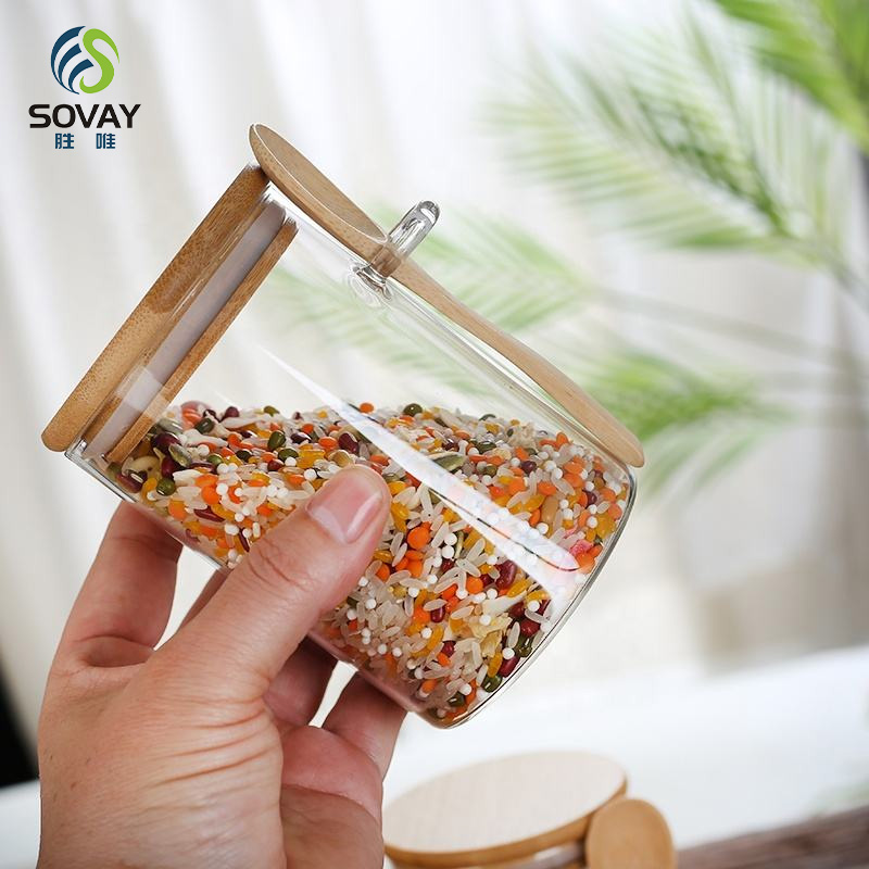 SG50N Wholesale 300ml 350ml 450ml 600ml 650ml 800ml 1000ml Sealed Glass Jar with Wooden Lid and Spoon for Seasoning Sauce Candies Household Containers Storage Jar