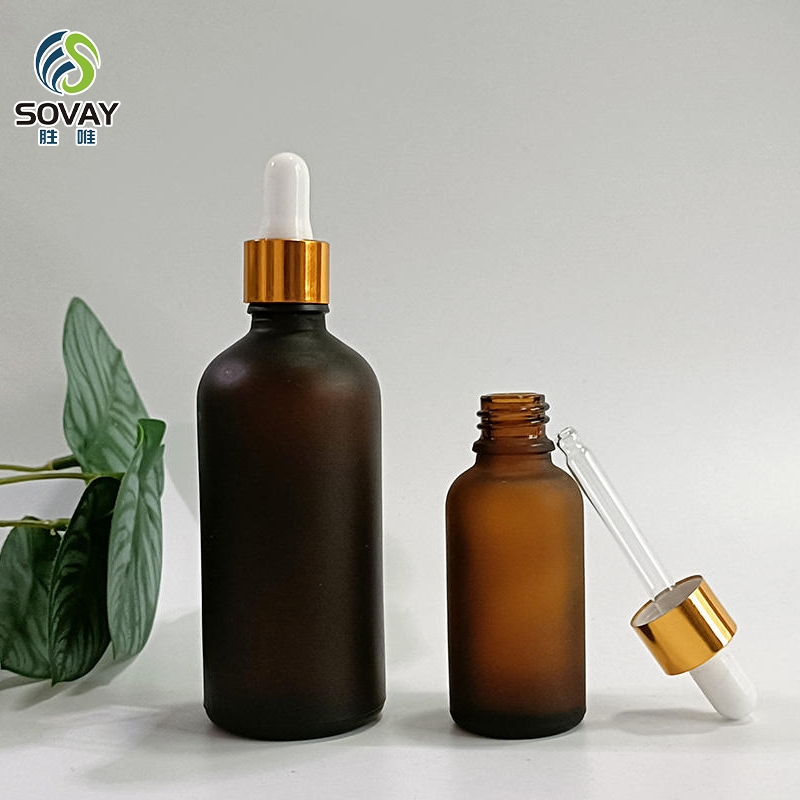 SE06 High Quality 5ml 10ml 15ml 20ml 30ml 50ml 100ml Frosted Amber Glass Dropper Bottle with Glod Lid for Essential Oil