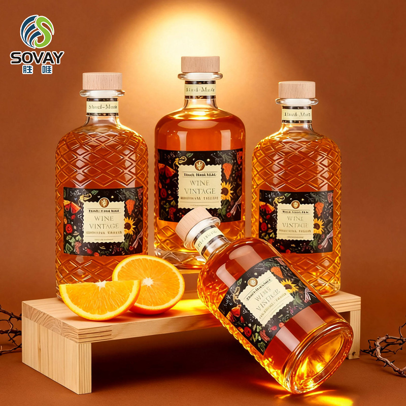 SW131N Custom Label 16oz Glass Liquor Bottle 500ml Wine Whiskey Tequila Wooden Cork-Durable Glass