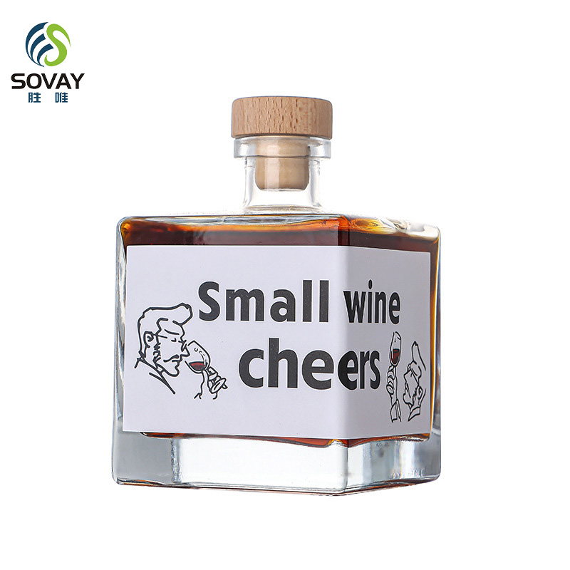 SW126N Custom Label 250ml 500ml Square Shaped Glass Wine Bottle Glass Liquor Bottle with Cork Stopper for Tequila Vodka Spirit Whisky