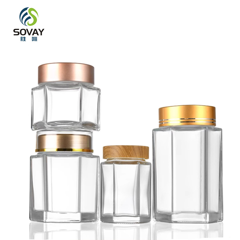 SG09 Ru Star Factory Direct Sales 50ml 180ml 280ml 360ml Empty Transparent Hexagonal Glass Jam Honey Jars with Wooden Lid