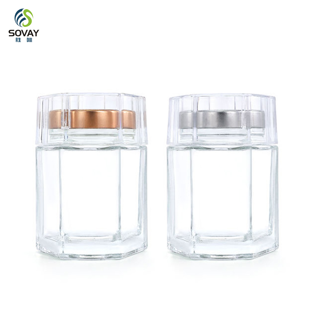 SG09 Wholesale Frost-Handled Bird's Nest Bottle Hexagonal Saffron Storage Jar Honey Glass Metal Cover Screw Cap Flat
