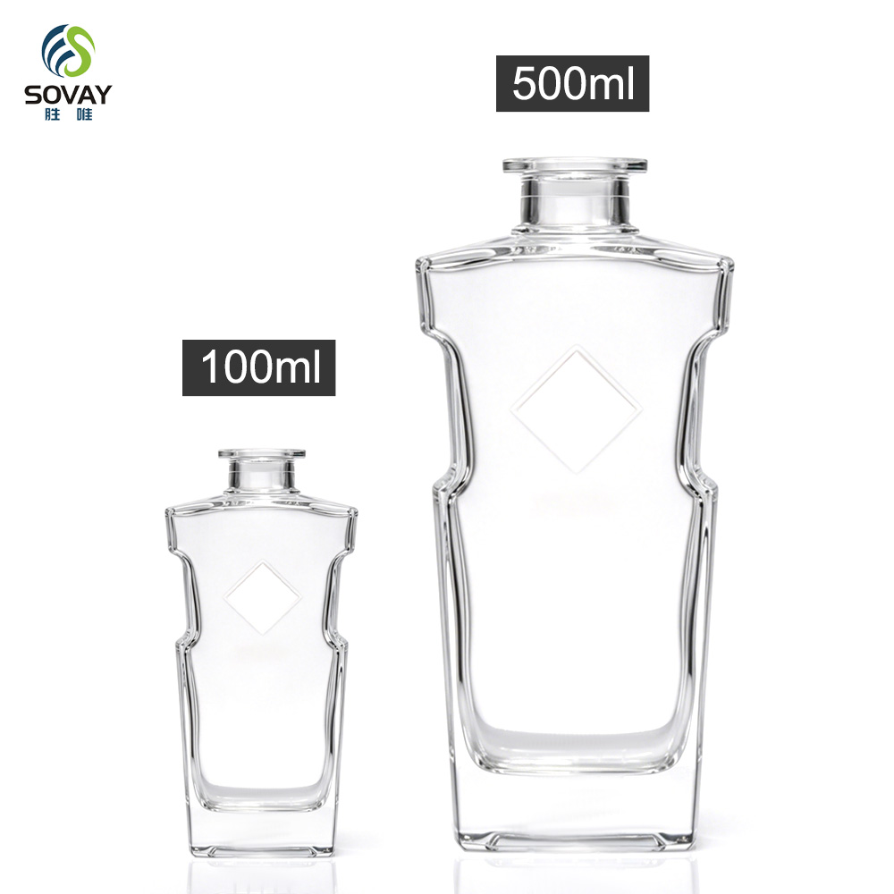 SW168 Antique Embossed Custom Logo Empty Transparent Alcohol Glass Bottle 500ml