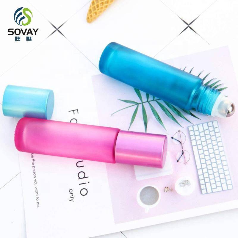 SE52N Frosted Colored Glass Roll Perfume Bottles 10ml Empty Stainless Steel Roller for Essential Oil Bottle Plastic Screen Printing