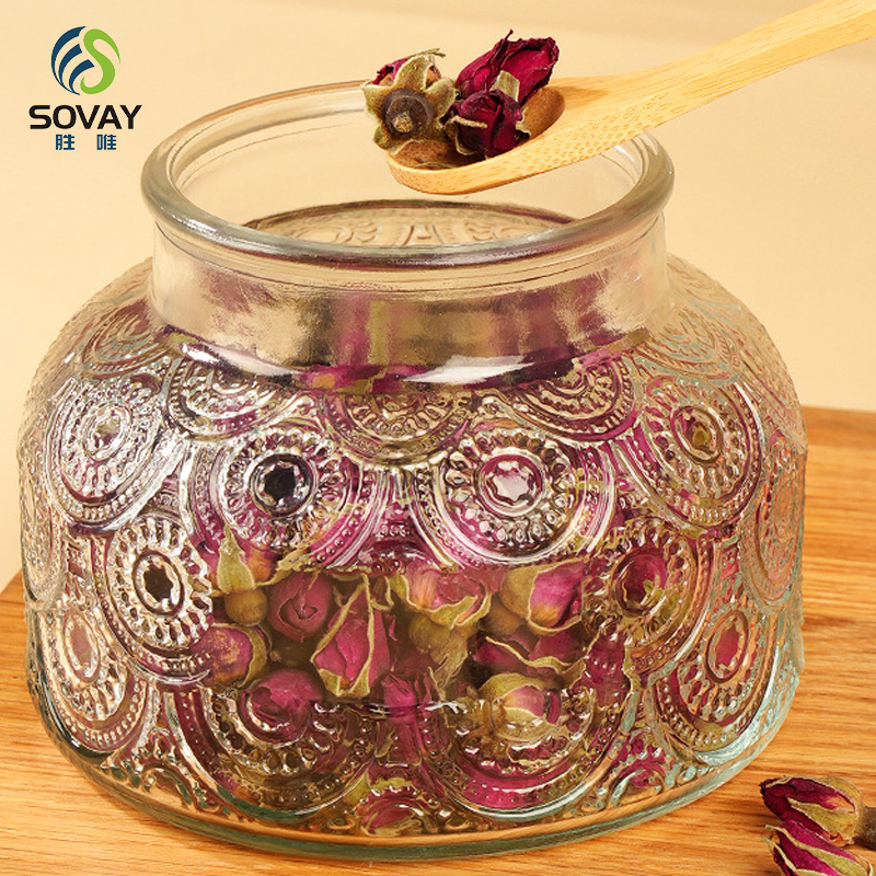 SG60N High Borosilicate Carved Glass Storage Jar Custom Kitchen Logo/Label Candy Tank Sealed Wooden Lid Jiangsu Food Grade