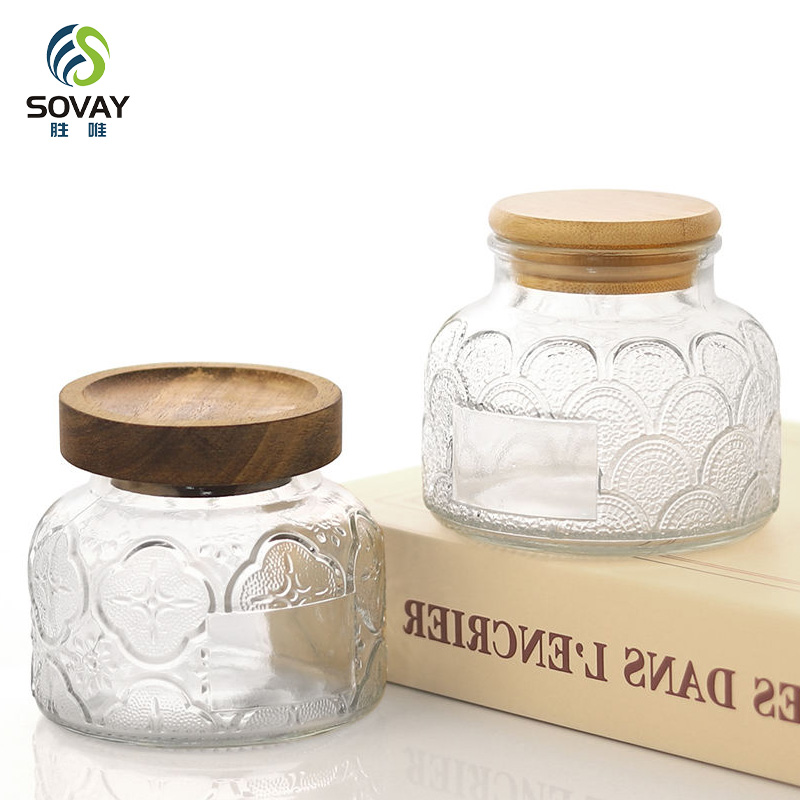 SG60N High Borosilicate Carved Glass Storage Jar Custom Kitchen Logo/Label Candy Tank Sealed Wooden Lid Jiangsu Food Grade