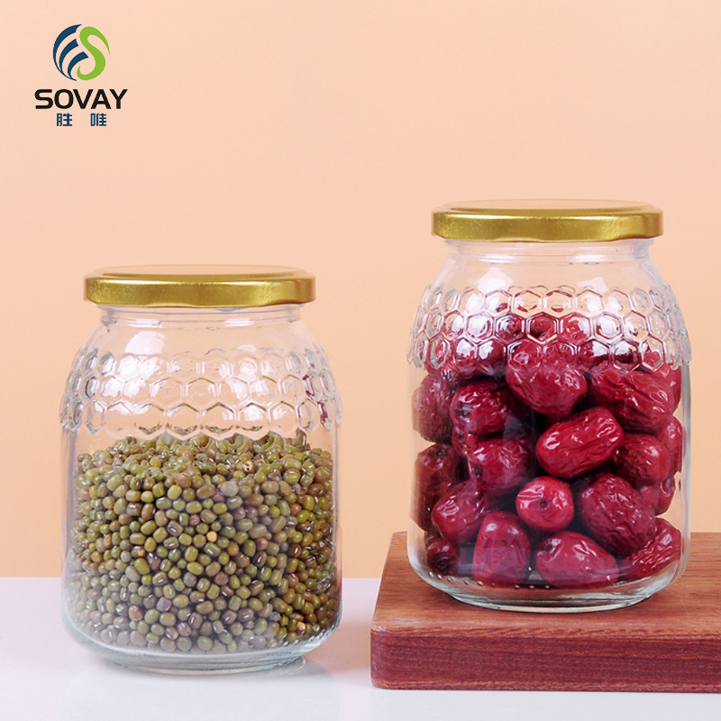 SG52 New Design 650ml 760ml Honeycomb Shape Glass Jar with Lug Cap for Honey Pickle Jam Sauce