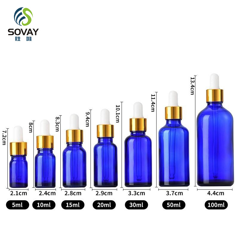 SE37 5ml 10ml 15ml 20ml 30ml 50ml 100ml Blue Glass Essential Oil Aluminum Dropper Bottles