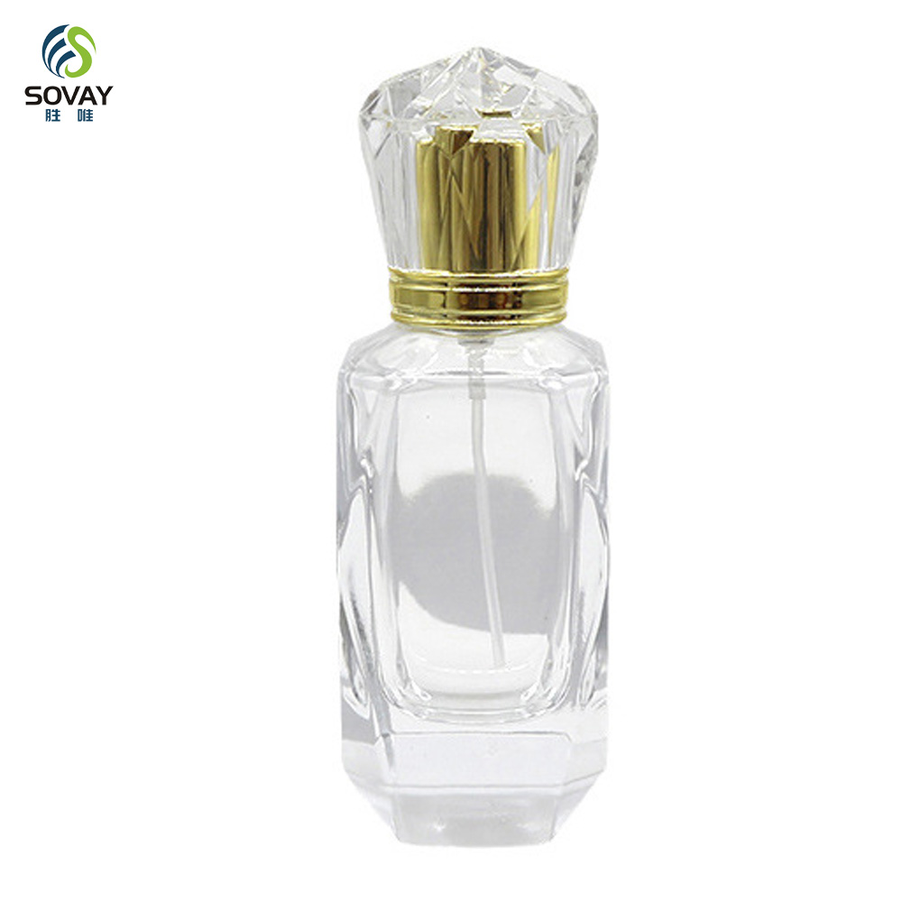 SP43 Luxury 100PCS Minimum Order Elegant 30ml/50ml/100ml Irregular Clear Glass Perfume Oil Bottle Pump Sprayer Cap Carton Box OEM/ODM