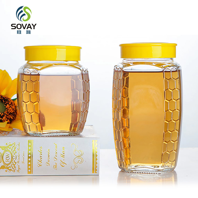 SG56N Wholesale Hexagonal Empty Glass Honey Jar New Popular Honeycomb Honey Jar with Screw Cap 380ml 500ml 730ml