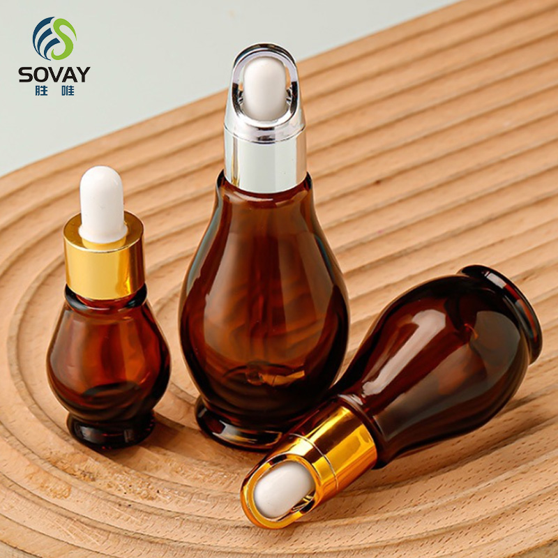 SE04 10ml 20ml 30ml 50ml 100ml Essential Oil Single Gourd Shape Dark Brown Glass Bottle with Gold Dropper