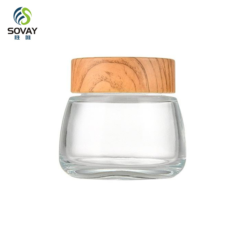 SG43N Custom Acacia Wood Lid Wide Mouth Clear Borosilicate Glass Jar with Thread Lid