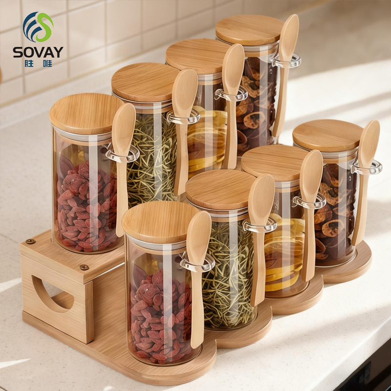 SG50N Wholesale 300ml 350ml 450ml 600ml 650ml 800ml 1000ml Sealed Glass Jar with Wooden Lid and Spoon for Seasoning Sauce Candies Household Containers Storage Jar