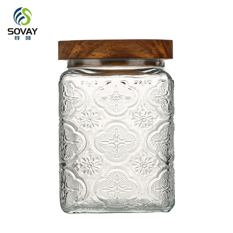 SG44N 500ml 750ml 1000ml Vintage Glass Canister Storage Jar with Seal Wooden Lid Retro Design for Household Dried Fruit Snacks Glass Storage Jars