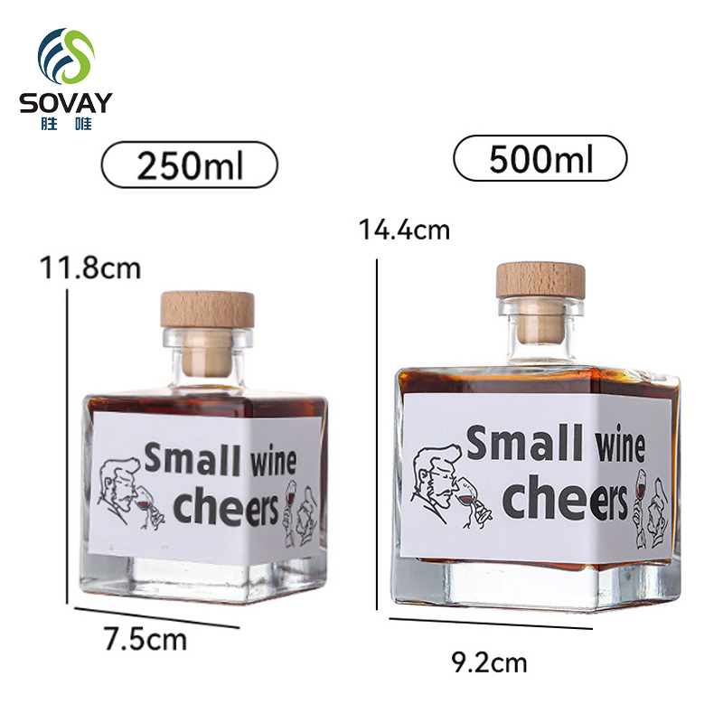 SW126N Custom Label 250ml 500ml Square Shaped Glass Wine Bottle Glass Liquor Bottle with Cork Stopper for Tequila Vodka Spirit Whisky