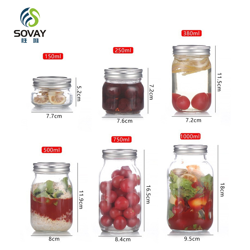 SG61N Wholesale 150ml 250ml 380ml 500ml 750ml 1000ml Food Safe Empty Glass Mason Jar Wide Mouth Jar with Lids