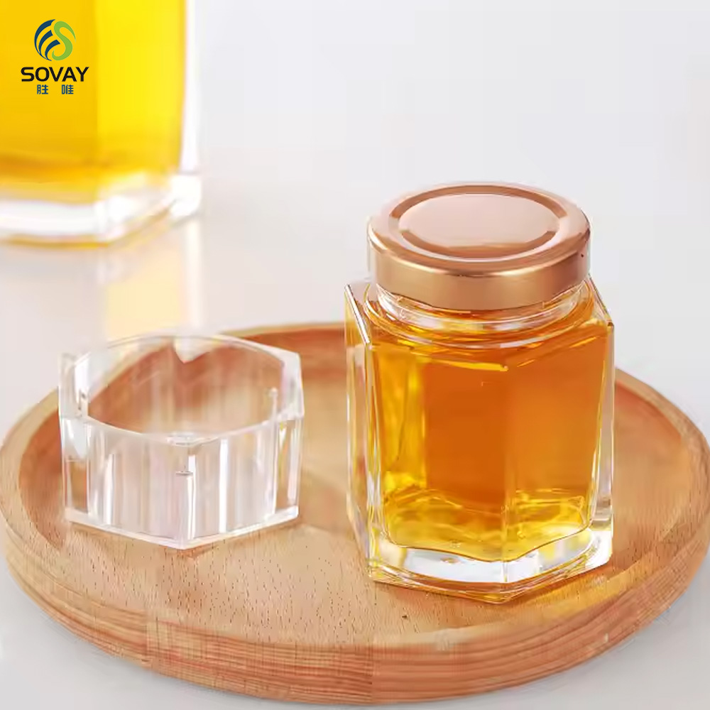 SG09 Wholesale Frost-Handled Bird's Nest Bottle Hexagonal Saffron Storage Jar Honey Glass Metal Cover Screw Cap Flat