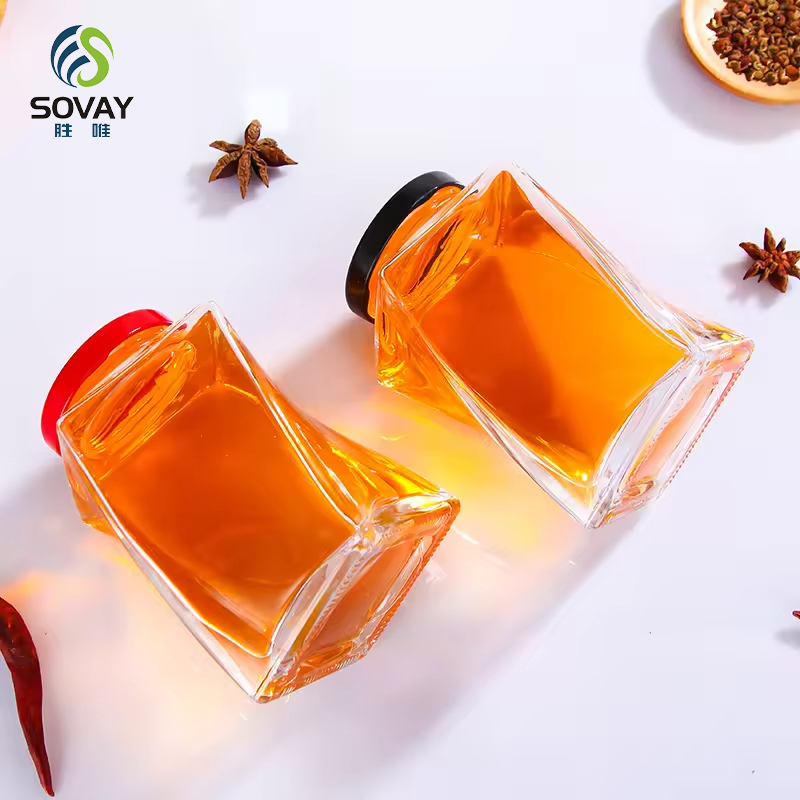 SG02 Unique Twisted Shape Transparent Glass Honey Jar with Metal Lid
