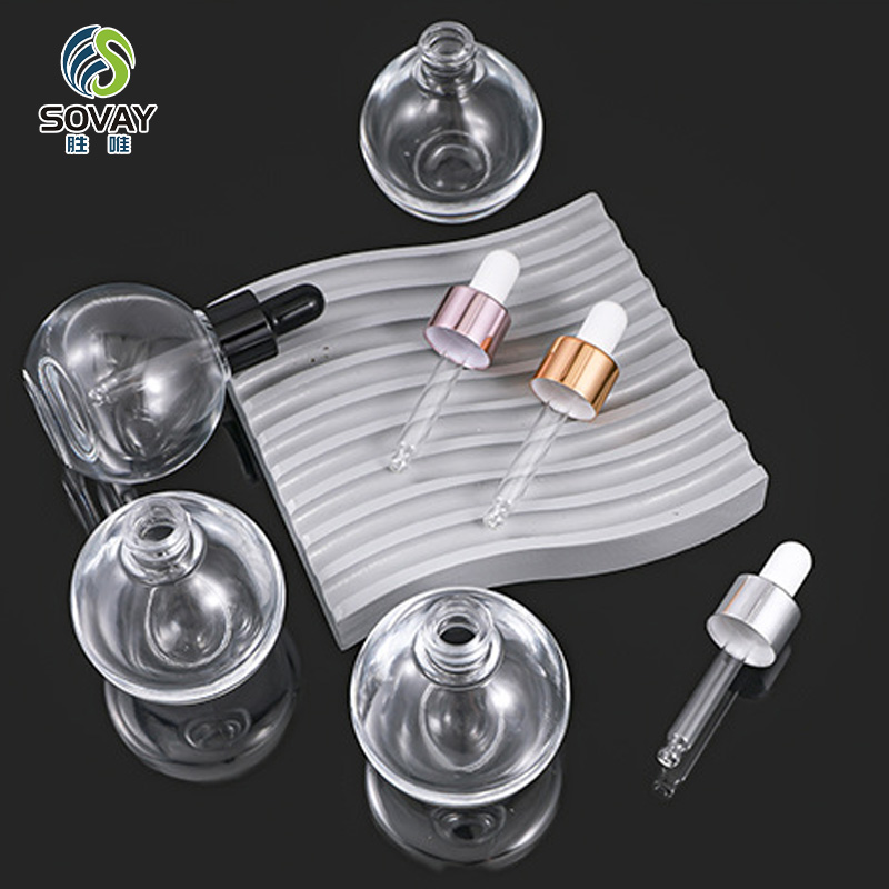 SE48N Luxury 10ml 20ml 30ml 50ml Clear Round Essential Oil Glass Dropper Bottle Serum Bottle with Gold Silver Collar Dropper Cap