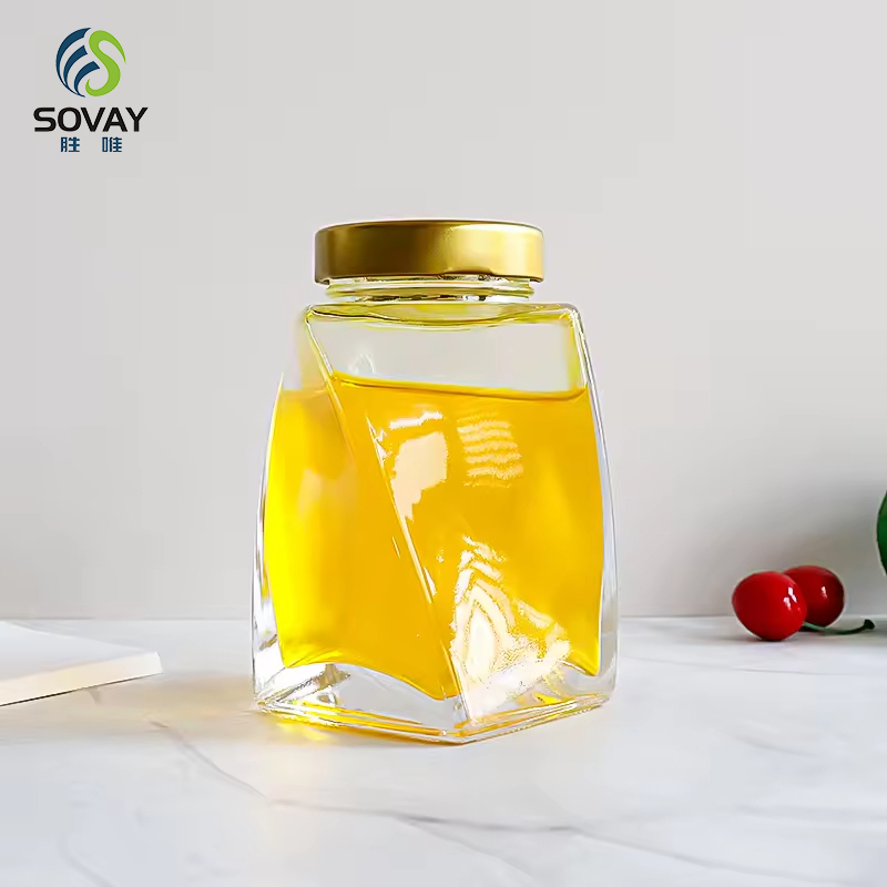 SG02 Unique Twisted Shape Transparent Glass Honey Jar with Metal Lid