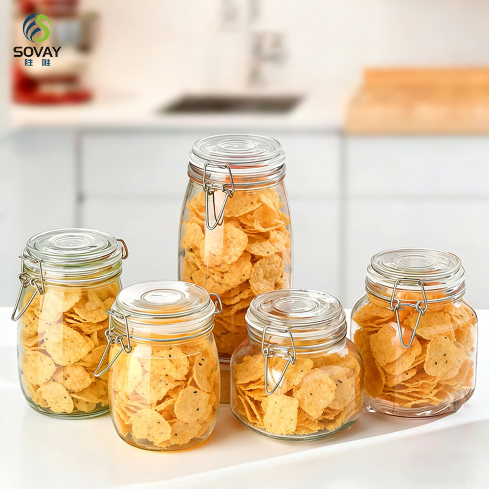 SG06 Jam Jar Airtight Glass with Stainless Steel Clip 125ml 280ml 380ml 500ml 750ml 1000ml 1500ml 2000ml 3000ml Storage Bottles & Jars Cover