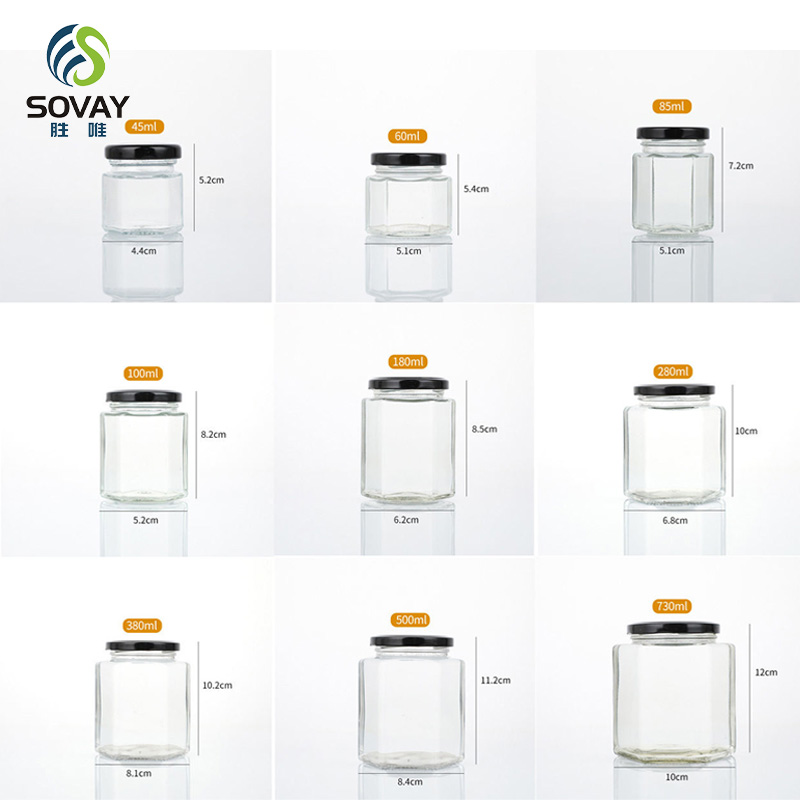 SG17 Sample Provided 45ml 100ml 180ml 280ml 380ml 500ml 730ml Hexagonal Honey Glass Jar Jam Jar with Lid