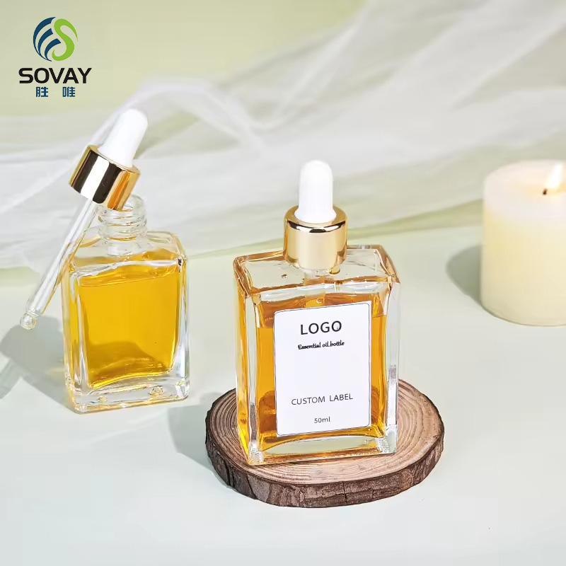 SE34N 30ml 50ml 100ml Square Glass Serum Dropper Bottles for Essential Oil with Gold Sliver Bamboo Cap