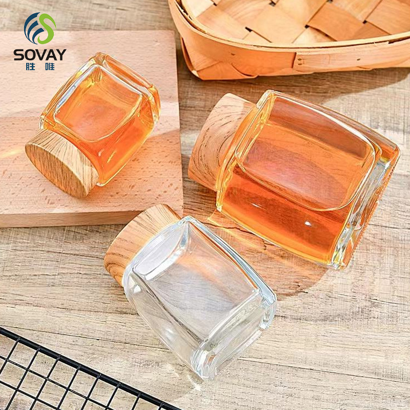 SW46N 0ml 100ml 180ml 280ml 360ml 500ml 750ml Small Square Glass Jam Honey Jars with Lid Glass Storage Pickles Jar for Food