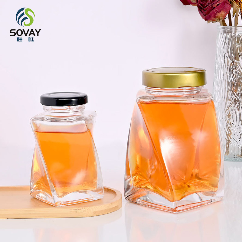 SG02 Unique Twisted Shape Transparent Glass Honey Jar with Metal Lid
