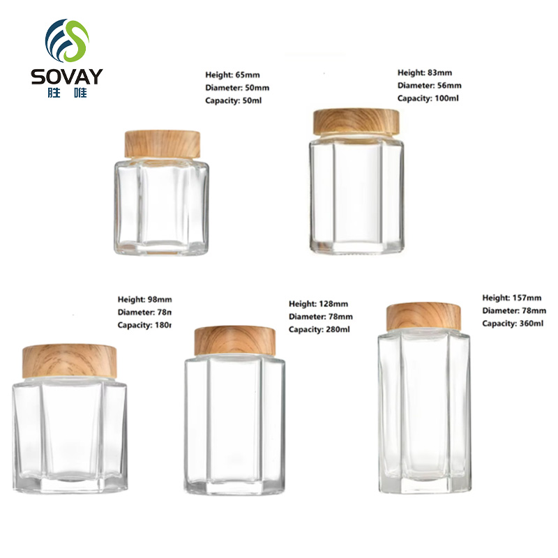 SG09 Ru Star Factory Direct Sales 50ml 180ml 280ml 360ml Empty Transparent Hexagonal Glass Jam Honey Jars with Wooden Lid