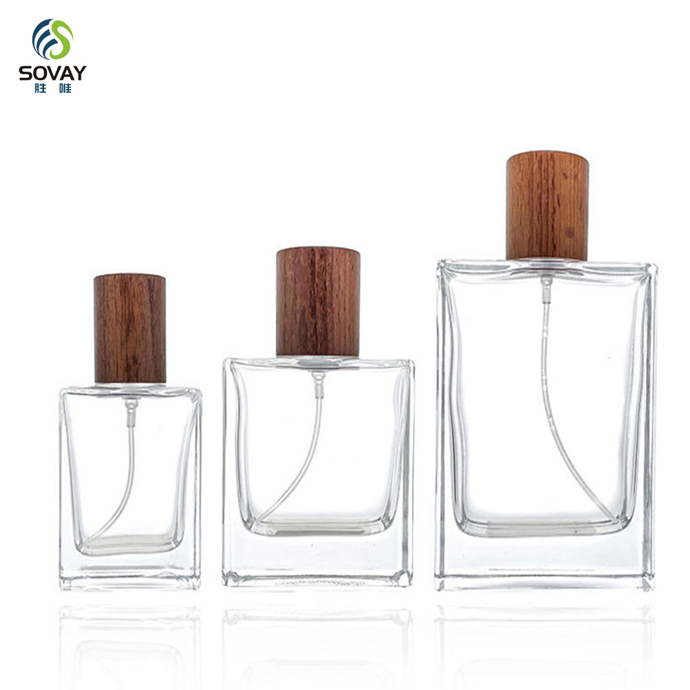 SP40 30ml 50ml 100ml Refillable Empty Square Clear Glass Perfume Atomizer Bottle Travel Perfume Spray Bottles with Wooden Cap