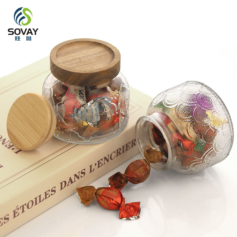 SG60N High Borosilicate Carved Glass Storage Jar Custom Kitchen Logo/Label Candy Tank Sealed Wooden Lid Jiangsu Food Grade