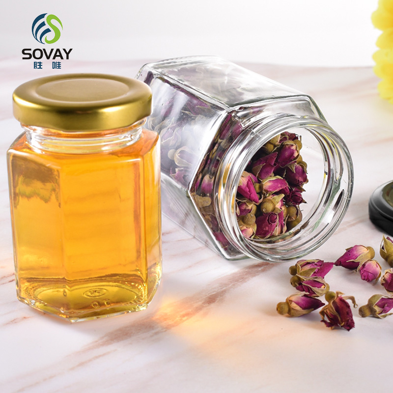 SG17 Sample Provided 45ml 100ml 180ml 280ml 380ml 500ml 730ml Hexagonal Honey Glass Jar Jam Jar with Lid
