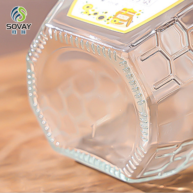 SG56N Wholesale Hexagonal Empty Glass Honey Jar New Popular Honeycomb Honey Jar with Screw Cap 380ml 500ml 730ml