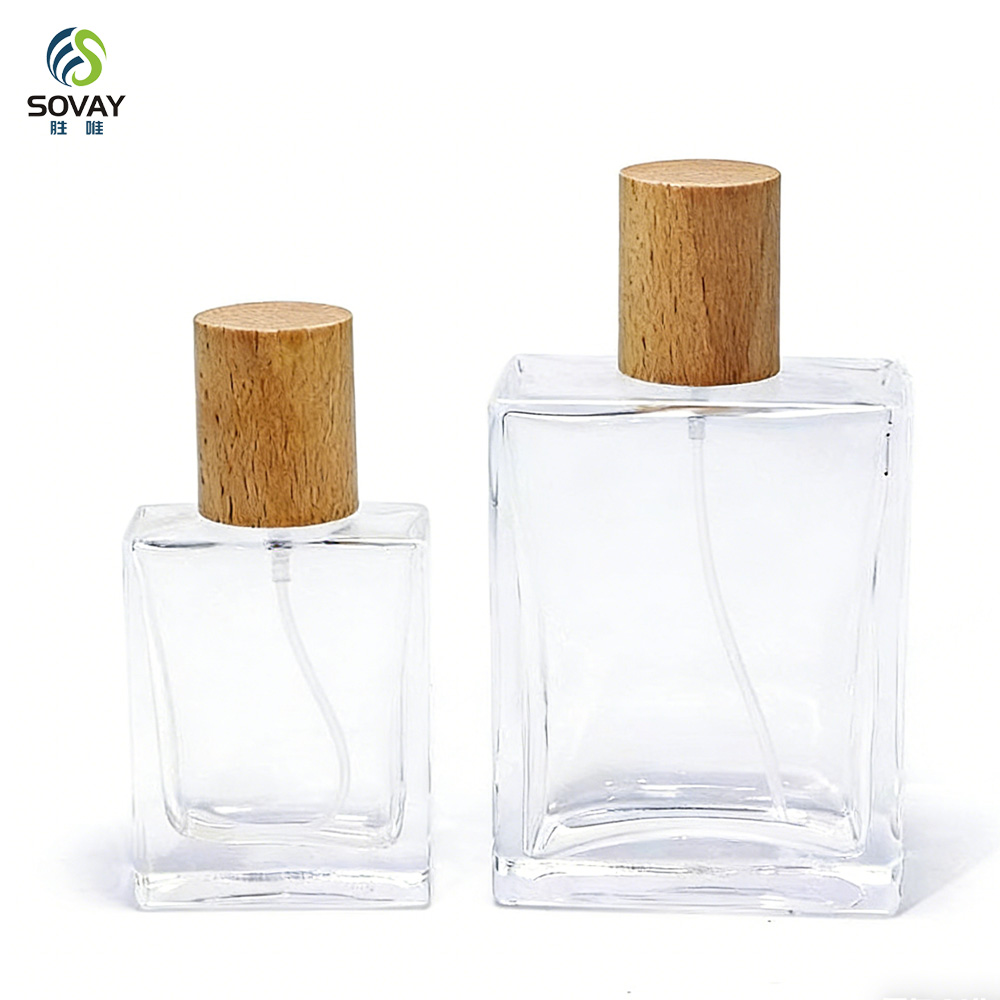 SP40 30ml 50ml 100ml Refillable Empty Square Clear Glass Perfume Atomizer Bottle Travel Perfume Spray Bottles with Wooden Cap