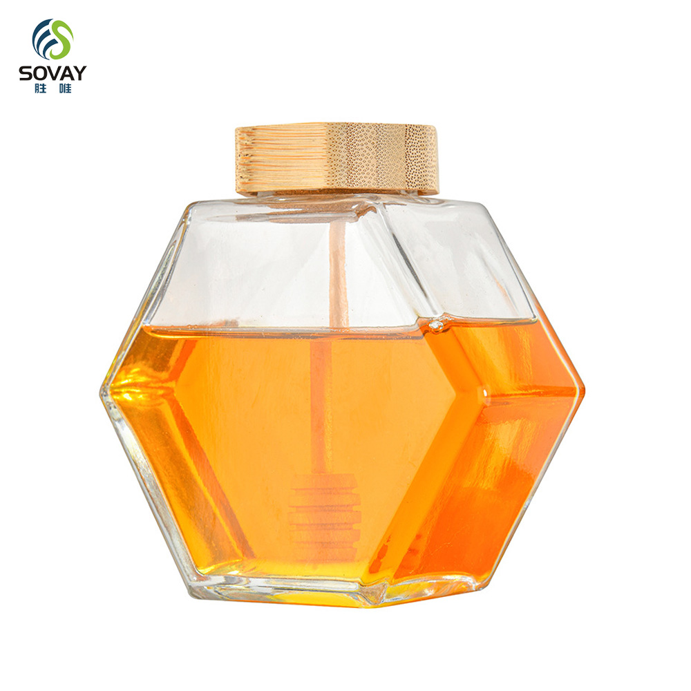 SG10N Wholesale Honey Jar Glass Hexagon Shape Honey Jar Glass with Wooden Dipper and Cork Lid Cover Honey Syrup Storage