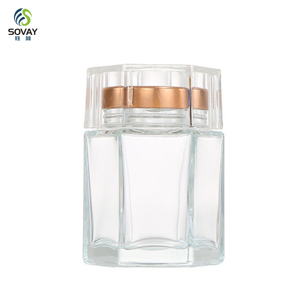 SG09 Wholesale Frost-Handled Bird's Nest Bottle Hexagonal Saffron Storage Jar Honey Glass Metal Cover Screw Cap Flat