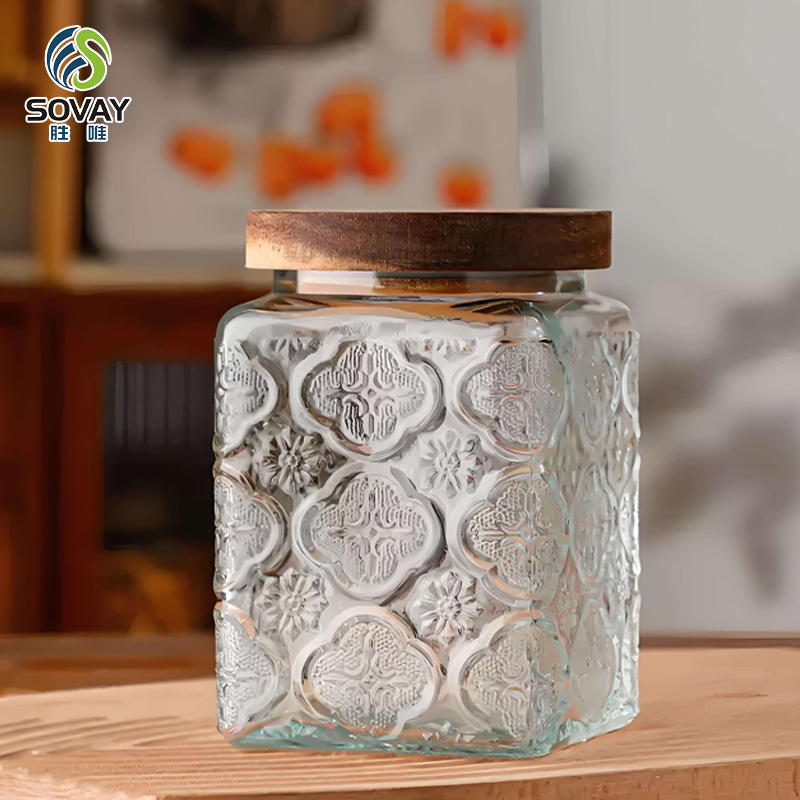 SG44N 500ml 750ml 1000ml Vintage Glass Canister Storage Jar with Seal Wooden Lid Retro Design for Household Dried Fruit Snacks Glass Storage Jars