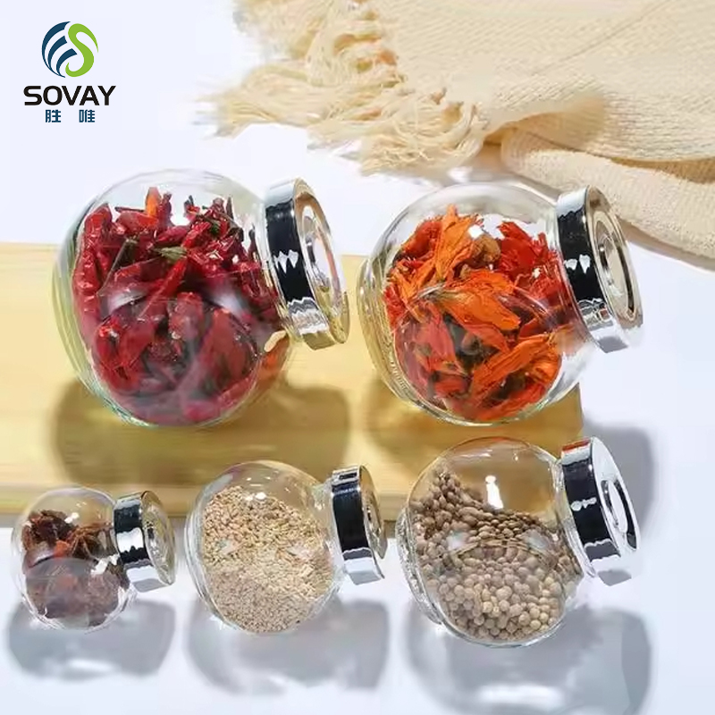 SG07 50ml 100ml 180ml 280ml 380ml 480ml 750ml Round Flat Drum Candy Food Jam Spice Herb Glass Jar with Plastic Lids