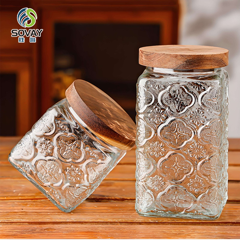 SG44N 500ml 750ml 1000ml Vintage Glass Canister Storage Jar with Seal Wooden Lid Retro Design for Household Dried Fruit Snacks Glass Storage Jars