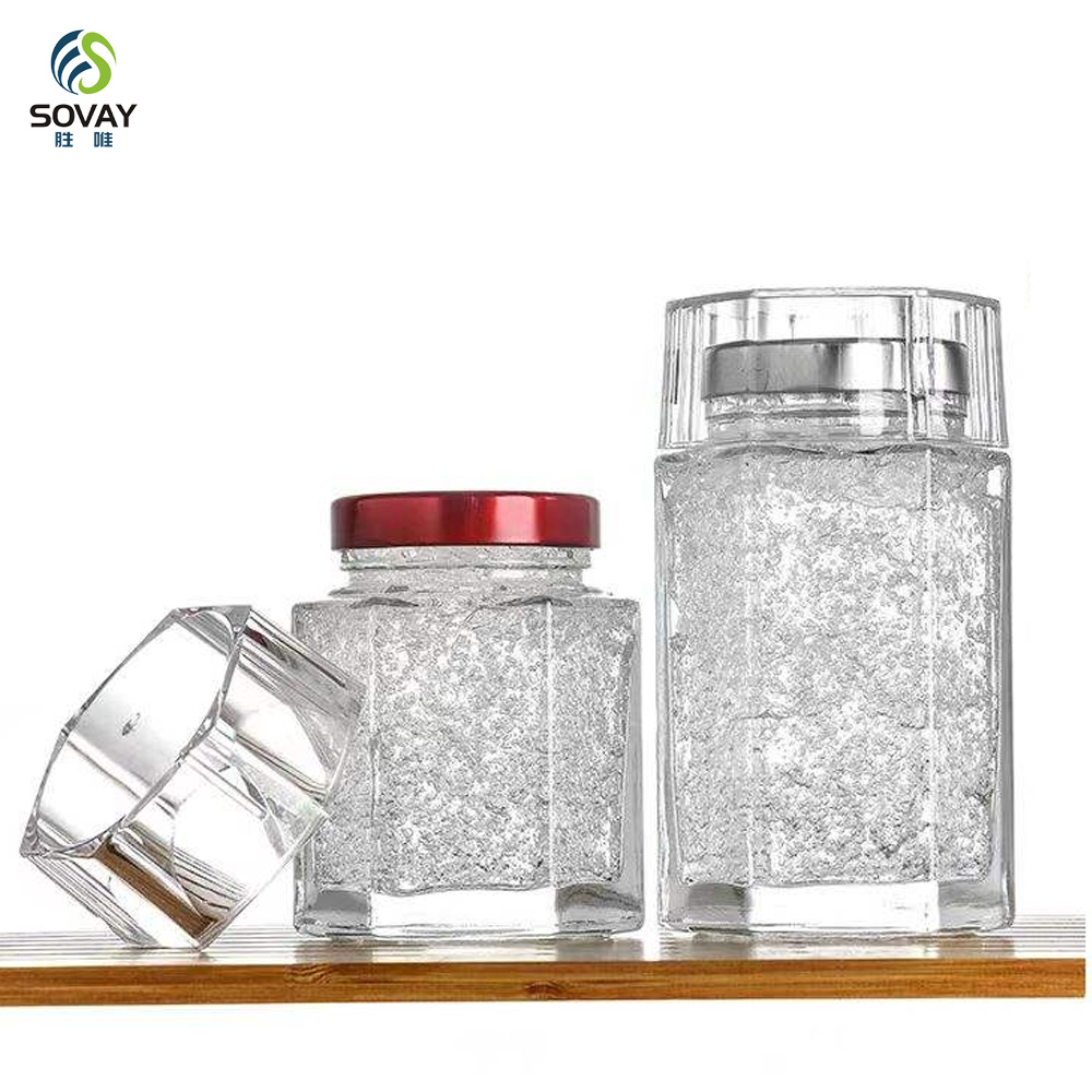 SG09 Wholesale Frost-Handled Bird's Nest Bottle Hexagonal Saffron Storage Jar Honey Glass Metal Cover Screw Cap Flat