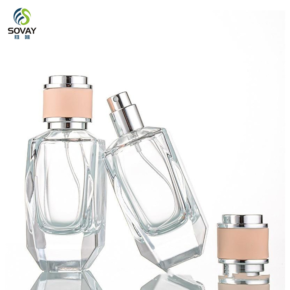 SP43 Luxury 100PCS Minimum Order Elegant 30ml/50ml/100ml Irregular Clear Glass Perfume Oil Bottle Pump Sprayer Cap Carton Box OEM/ODM