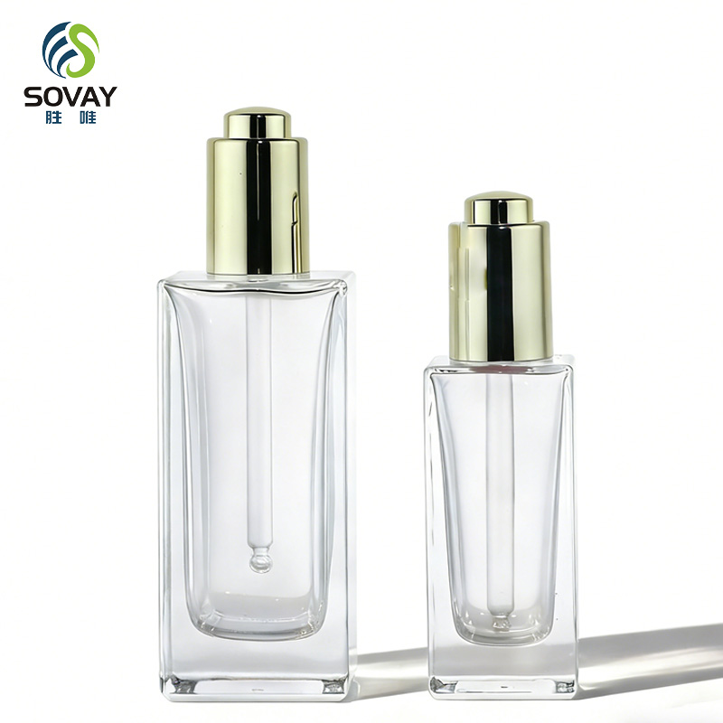 SE43-1 Luxury Guangzhou Factory Outlet Clear 5ml 10ml 15ml 20ml 30ml 50ml Transparent Flat Square Rectangle Emulsion Oil Dropper Glass Bottles
