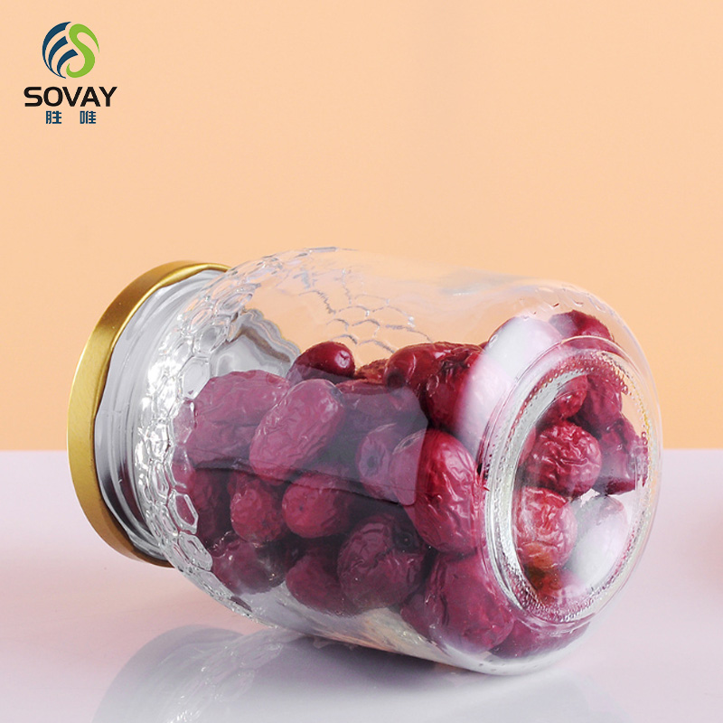 SG52 New Design 650ml 760ml Honeycomb Shape Glass Jar with Lug Cap for Honey Pickle Jam Sauce