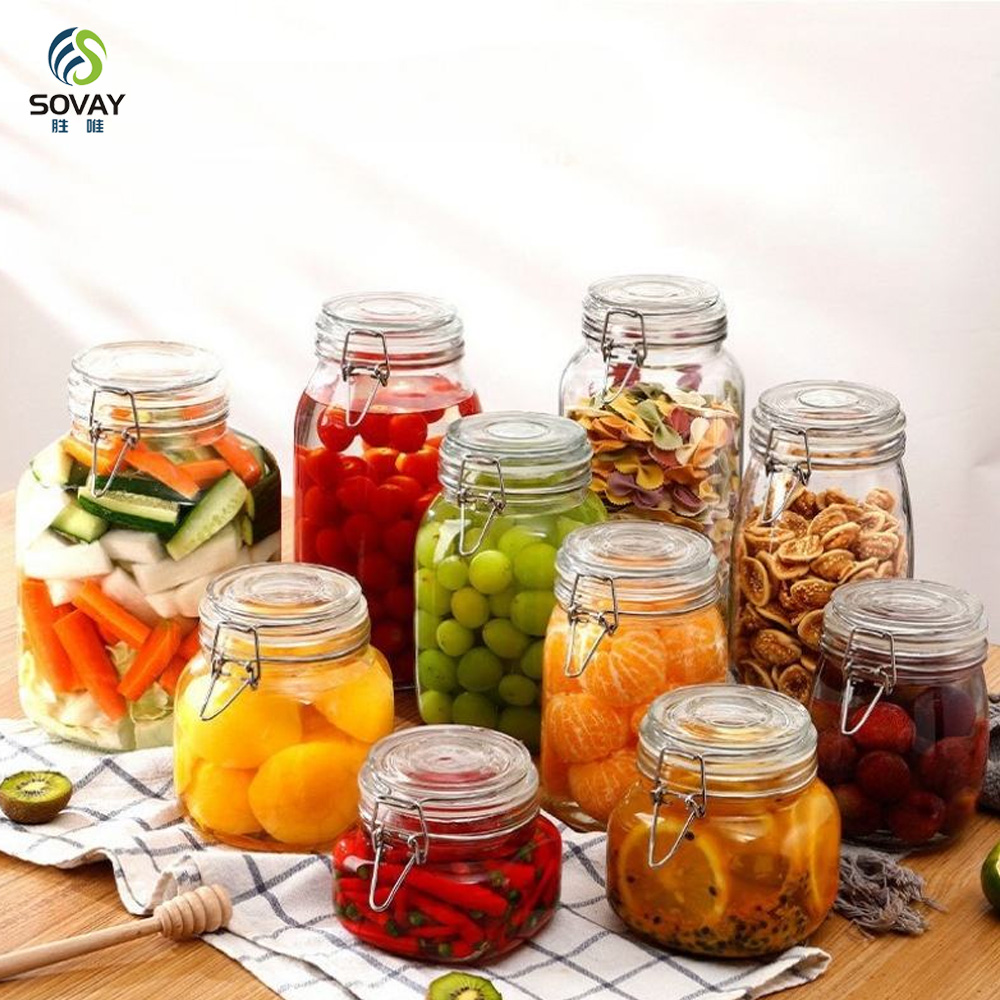 SG06 Jam Jar Airtight Glass with Stainless Steel Clip 125ml 280ml 380ml 500ml 750ml 1000ml 1500ml 2000ml 3000ml Storage Bottles & Jars Cover