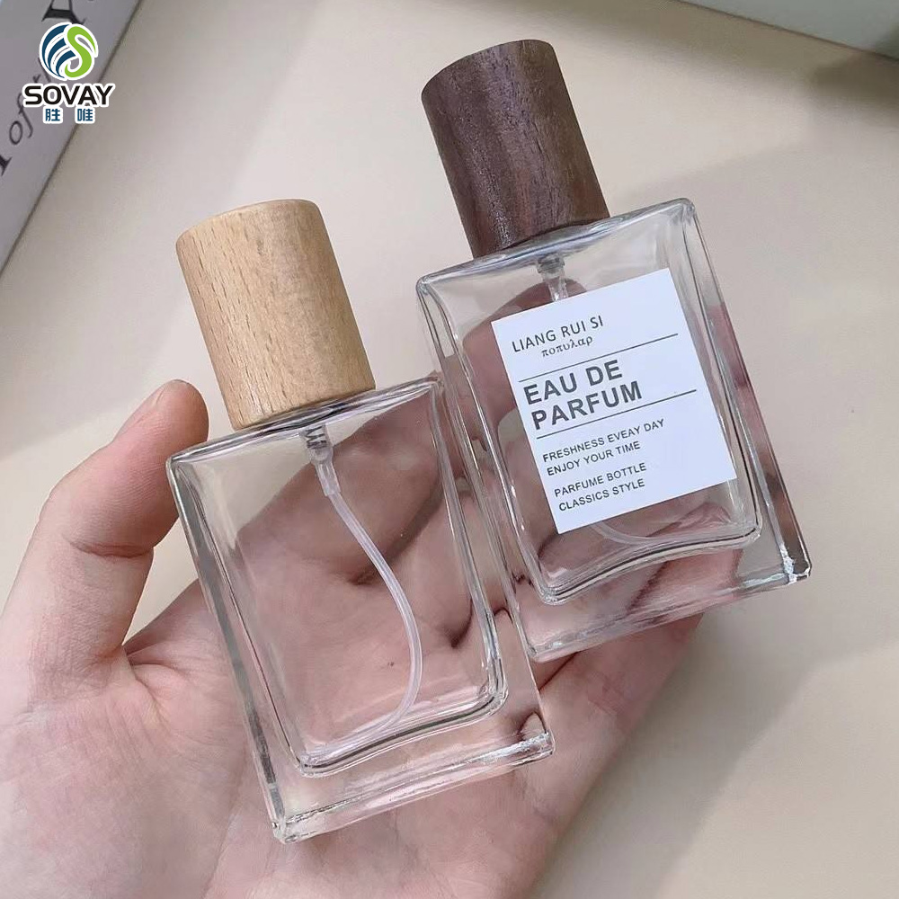 SP40 30ml 50ml 100ml Refillable Empty Square Clear Glass Perfume Atomizer Bottle Travel Perfume Spray Bottles with Wooden Cap