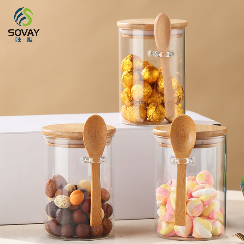 SG50N Wholesale 300ml 350ml 450ml 600ml 650ml 800ml 1000ml Sealed Glass Jar with Wooden Lid and Spoon for Seasoning Sauce Candies Household Containers Storage Jar